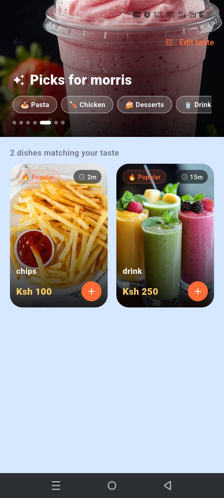 Personalised food suggestions screen